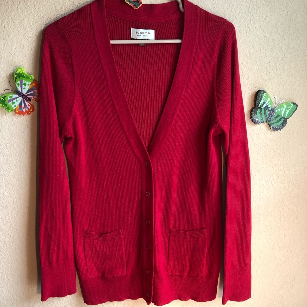 Sonoma Cherry Red Button Down Cardigan, Large, pre-owned, pet/smoke free home
